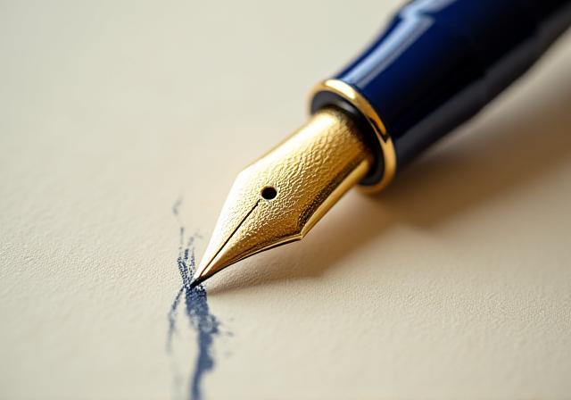 Close-up of a fountain pen drafting a legal contract with precise ink strokes