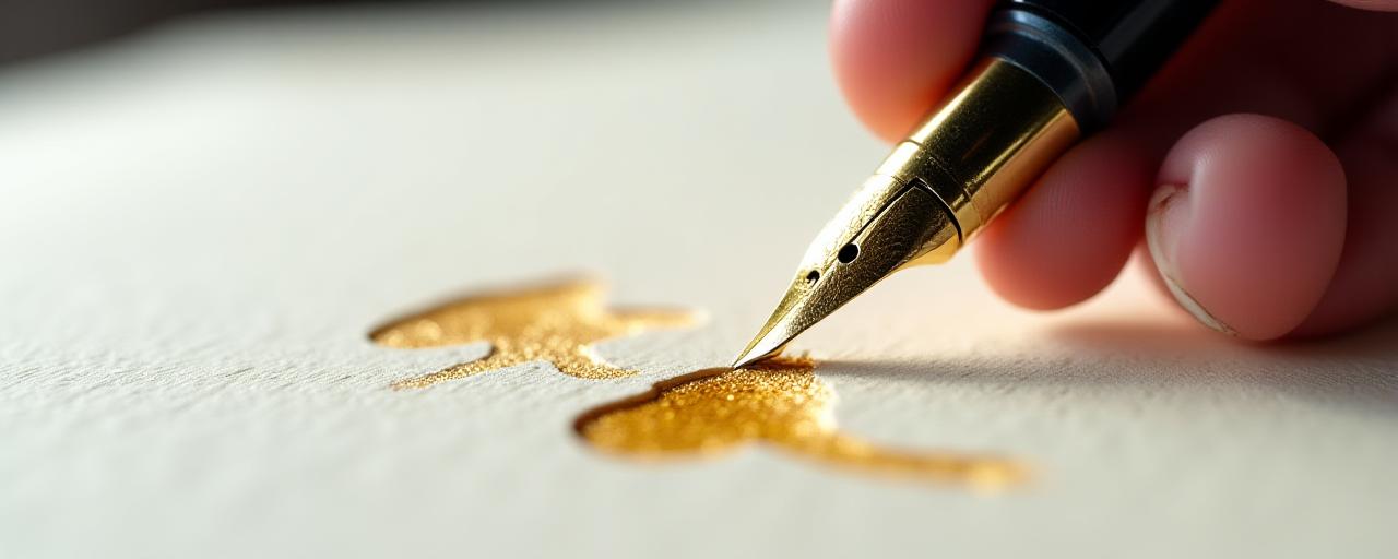 Close-up of a fountain pen nib and gold ink on textured deckle-edge paper