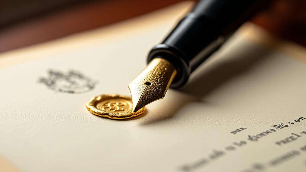 Close-up of a high-end fountain pen resting on a professionally drafted legal contract with a formal seal