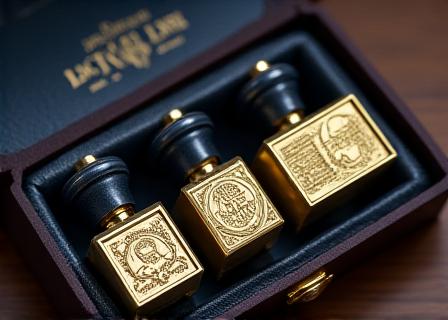 Gold engraved custom metal signet stamps in a leather case