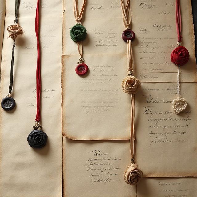 Antique medieval manuscripts showing multiple hanging wax seals